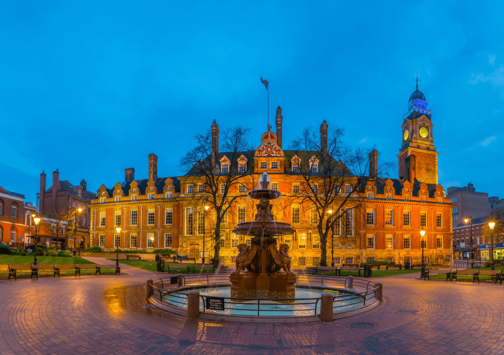 City campus building at dusk