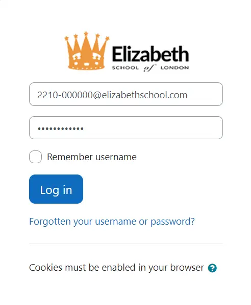 Moodle login page showing username and password fields